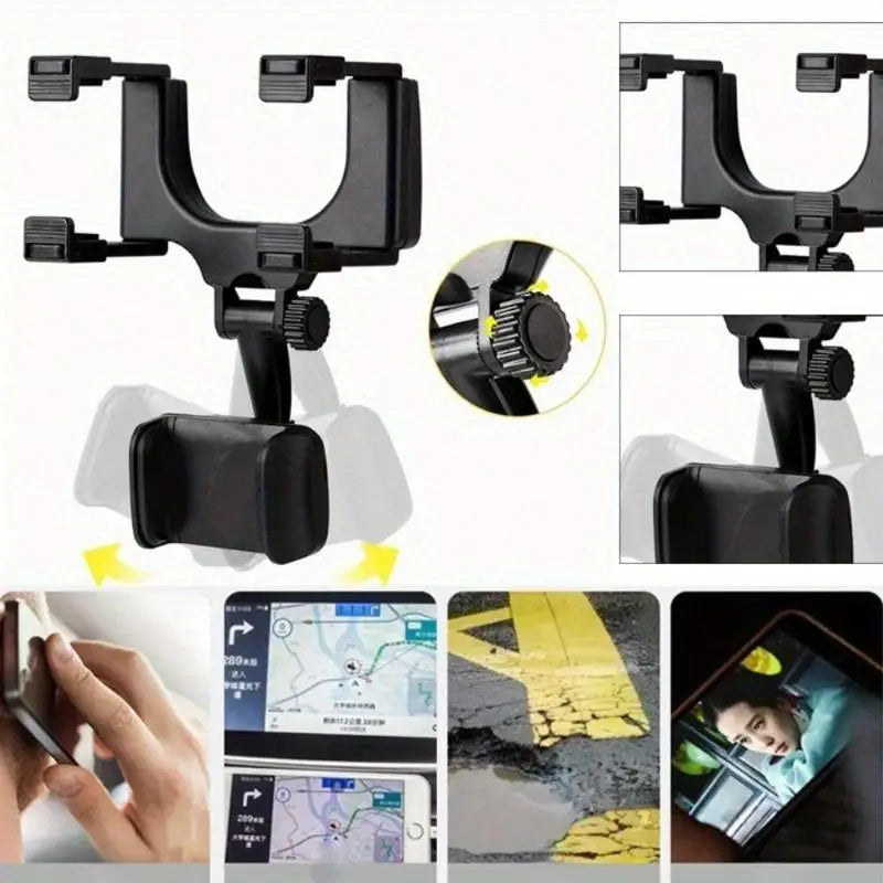 360° Rearview Mirror Phone Mount – Foldable GPS Holder
