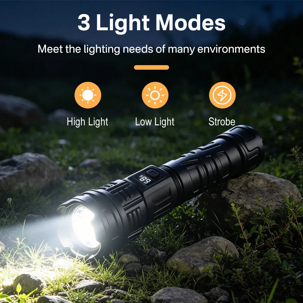 BORUiT Powerful Zoom LED Flashlight USB Charging Tactical Torch with Display Light Portable Outdoor Camping Emergency FlashLight