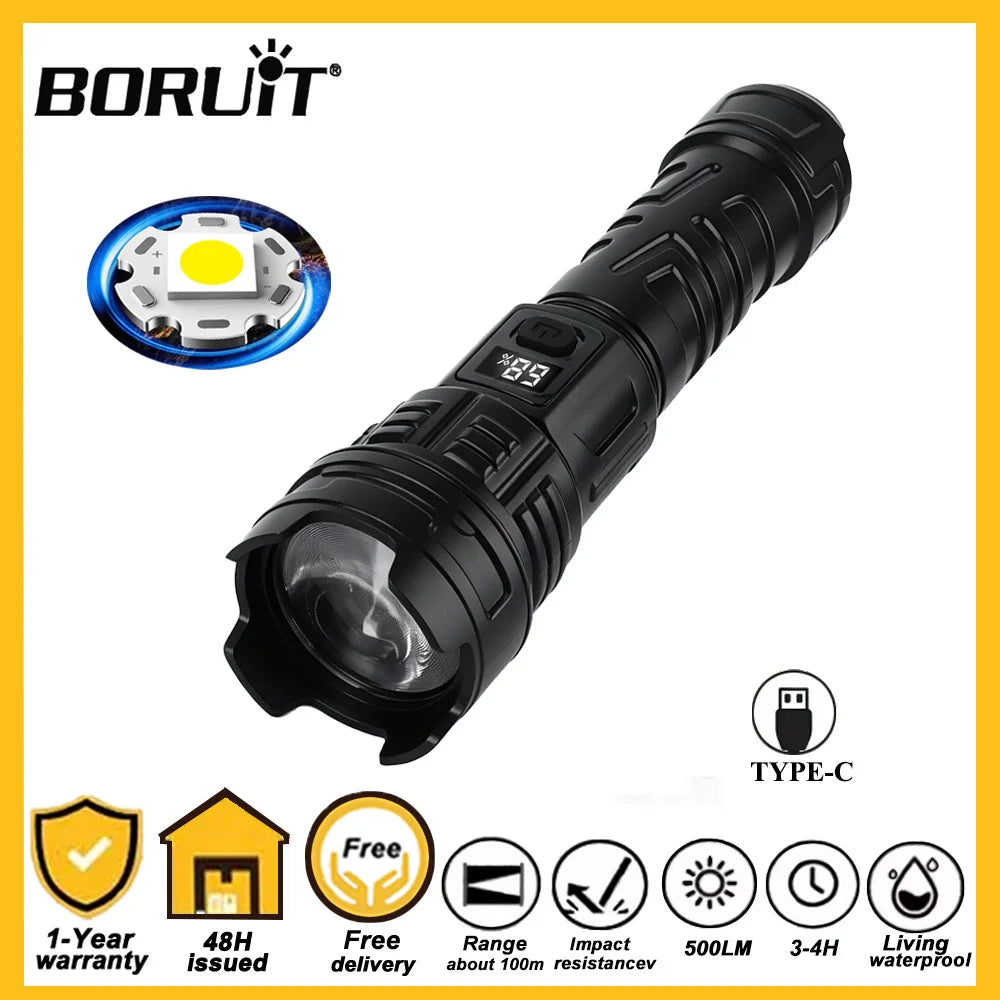 BORUiT Powerful Zoom LED Flashlight USB Charging Tactical Torch with Display Light Portable Outdoor Camping Emergency FlashLight