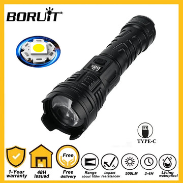 BORUiT Powerful Zoom LED Flashlight USB Charging Tactical Torch with Display Light Portable Outdoor Camping Emergency FlashLight