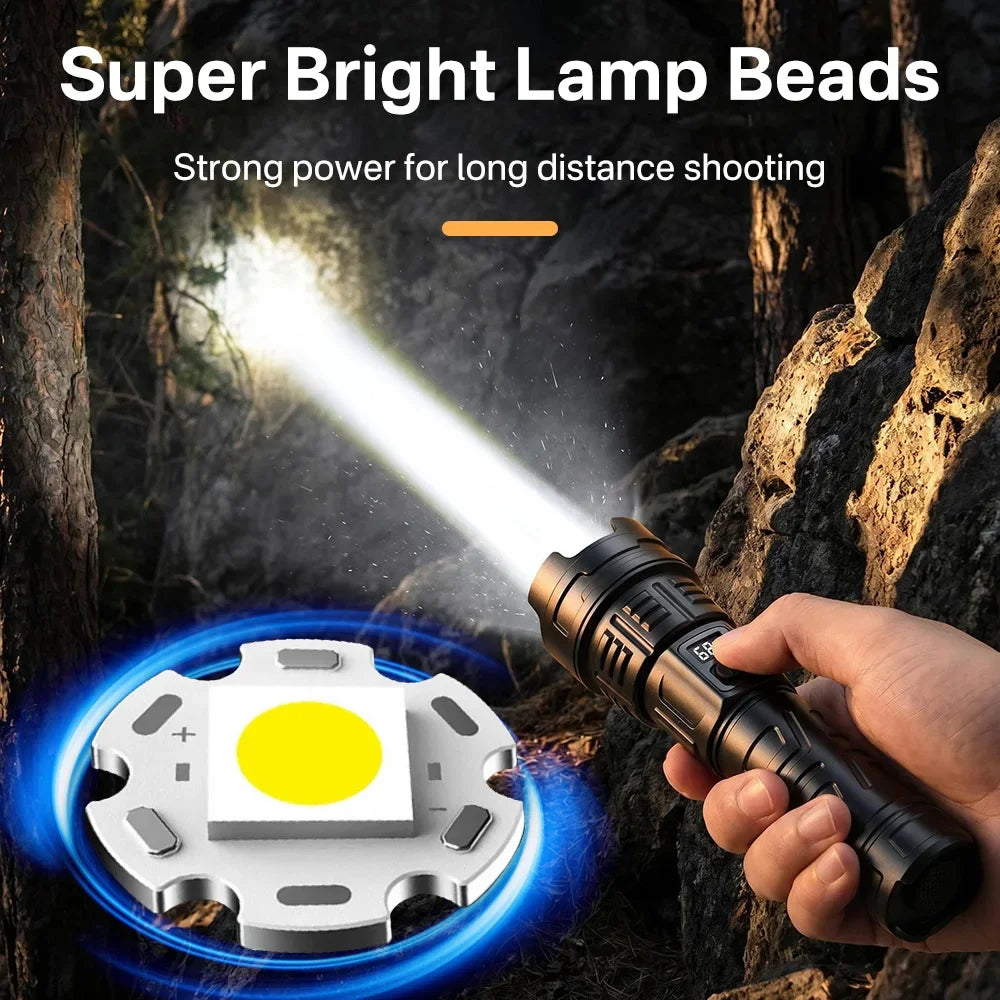 BORUiT Powerful Zoom LED Flashlight USB Charging Tactical Torch with Display Light Portable Outdoor Camping Emergency FlashLight