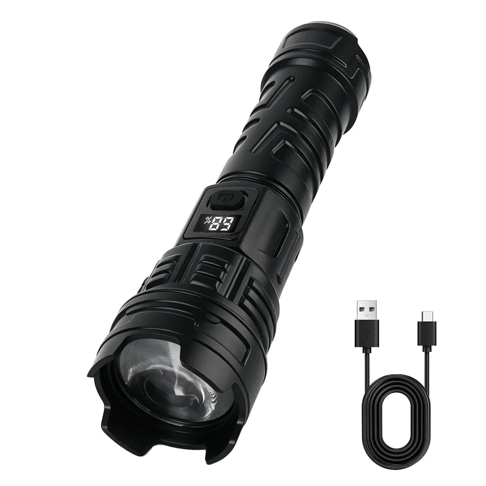 BORUiT Powerful Zoom LED Flashlight USB Charging Tactical Torch with Display Light Portable Outdoor Camping Emergency FlashLight