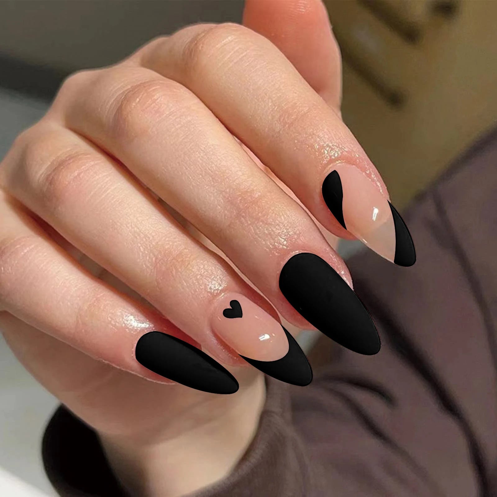 Black French Almond Press-On Nails – 24Pcs Set