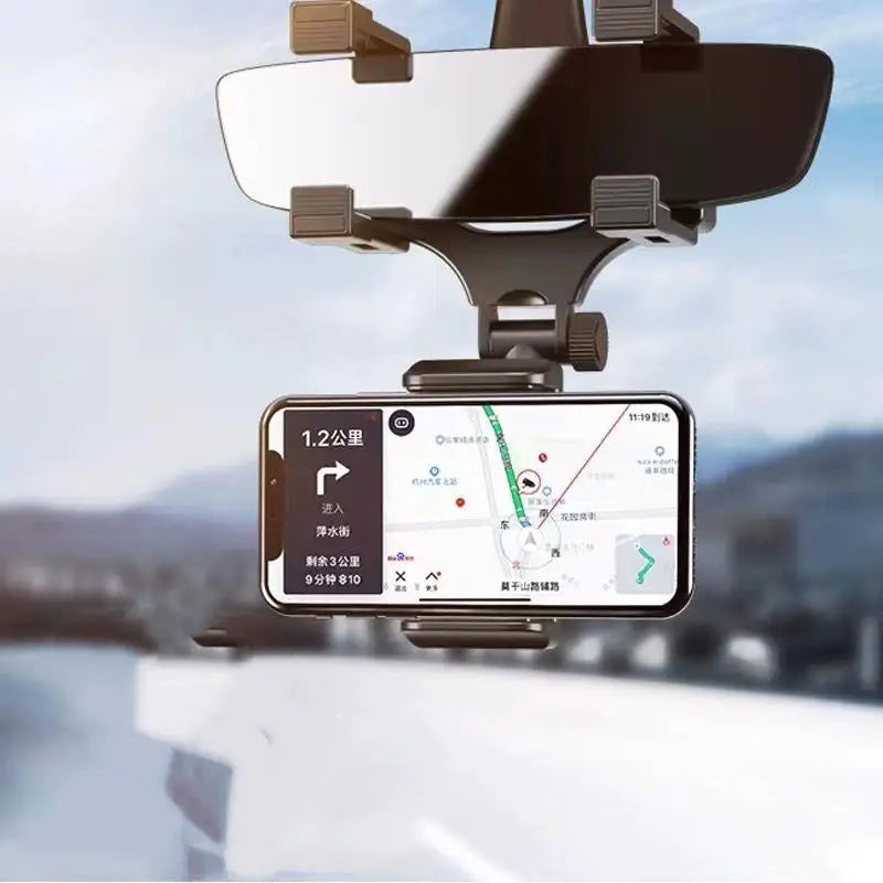 360° Rearview Mirror Phone Mount – Foldable GPS Holder