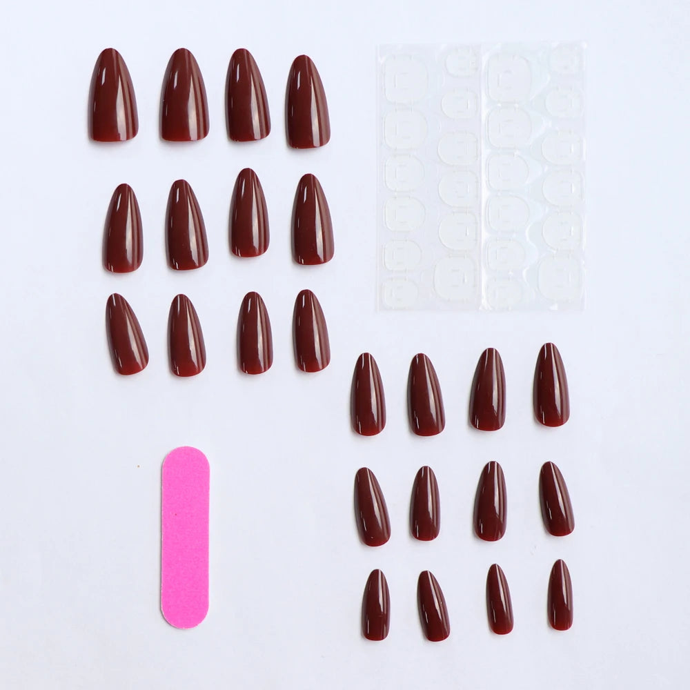 Wine Red Almond Press-On Nails – 24Pcs Set